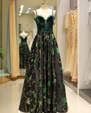 Green Velvet Bodice Embroidery Evening Dress QD027