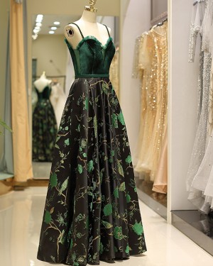 Green Velvet Bodice Embroidery Evening Dress QD027