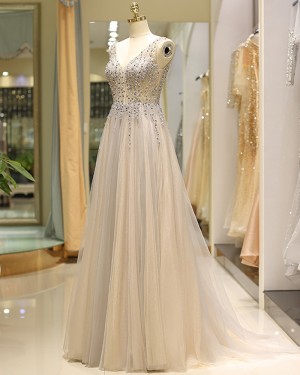 V-neck Beading Champagne Tulle Pleated Evening Dress QD028