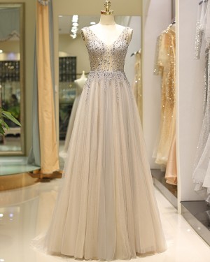 V-neck Beading Champagne Tulle Pleated Evening Dress QD028