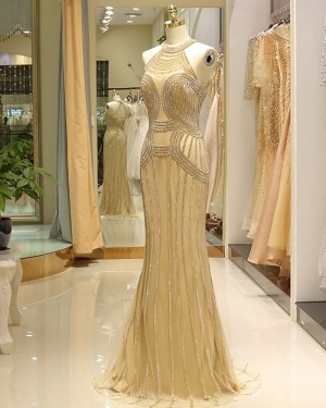 Gold Beading High Neck Mermaid Tulle Evening Dress QD030