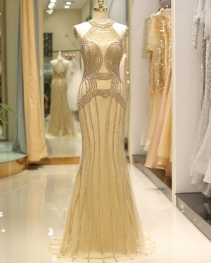 Gold Beading High Neck Mermaid Tulle Evening Dress QD030
