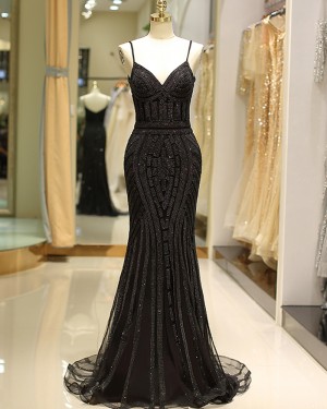 Black Beading Spaghetti Straps Mermaid Style Evening Dress QD032