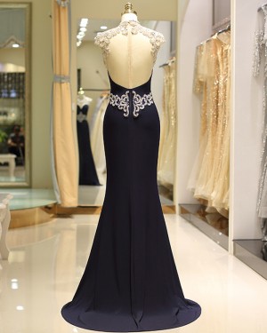 Lace Beading Satin High Neck Mermaid Navy Blue Evening Dress  QD033