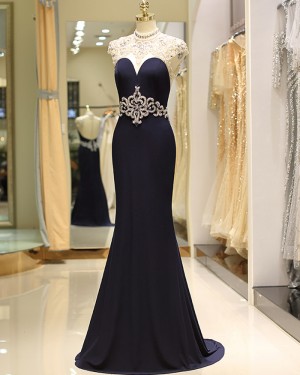 Lace Beading Satin High Neck Mermaid Navy Blue Evening Dress  QD033