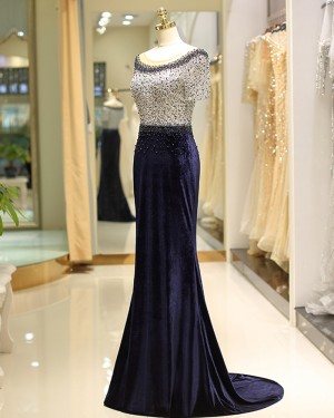 Beading Lace Navy Blue Mermaid Satin Evening Dress with Short Sleeves QD034