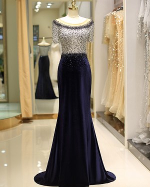 Beading Lace Navy Blue Mermaid Satin Evening Dress with Short Sleeves QD034