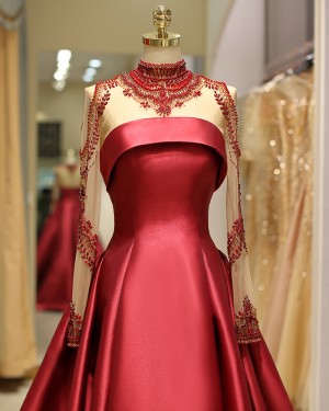 Beading Bodice High Neck Satin Red Pleated Evening Gown with Long Sleeves QD036