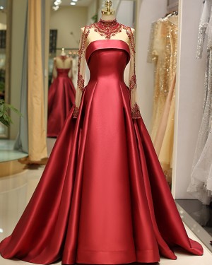 Beading Bodice High Neck Satin Red Pleated Evening Gown with Long Sleeves QD036