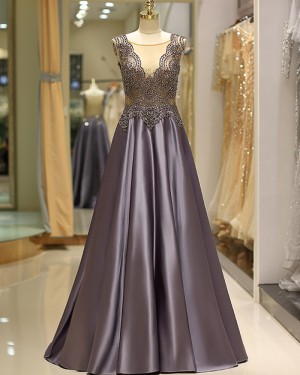 Jewel Beading Bodice Pleated Satin Evening Dress QD037