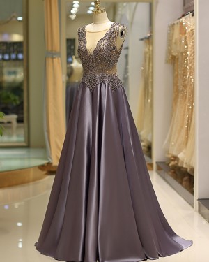 Jewel Beading Bodice Pleated Satin Evening Dress QD037