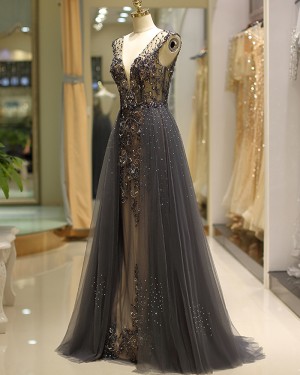 Beading Deep V-neck Evening Dress with Grey Tulle Skirt QD038