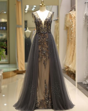 Beading Deep V-neck Evening Dress with Grey Tulle Skirt QD038