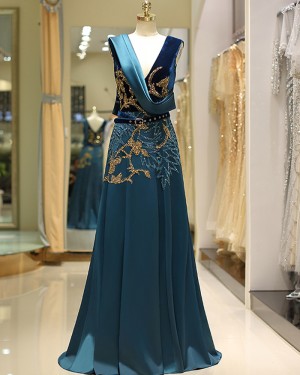 Gold and Green V-neck Beading Satin Evening Dress QD039