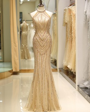 High Neck Gold Beading Mermaid Style Evening Dress QD043