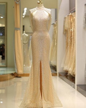 Gold High Neck Beading Tulle Evening Dress with Front Slit QD044