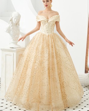 Off the Shoulder Champagne Sequin Ball Gown Evening Dress