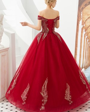 Off the Shoulder Red Embroidery Beading Evening Dress