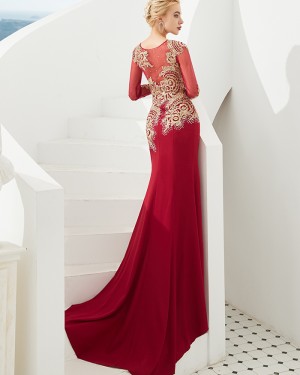 Beading Satin Jewel Mermaid Red Evening Dress with Long Sleeves