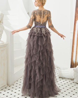 Jewel Lace Applique Brown Ruffle Evening Dress with Half Length Sleeves