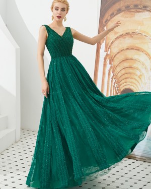 V-neck Green Beading A-line Evening Dress