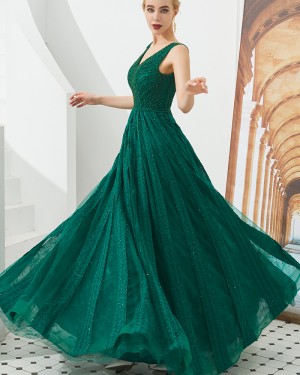 V-neck Green Beading A-line Evening Dress