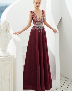 Beading Bodice Dark Red Deep V-neck Sparkle Evening Dress