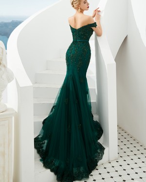 Green Beading Applique Off the Shoulder Mermaid Evening Dress
