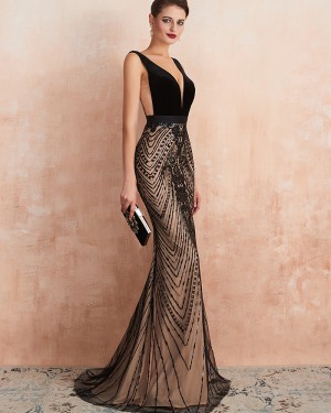 V-neck Black Sequin Lace Mermaid Evening Dress QD062
