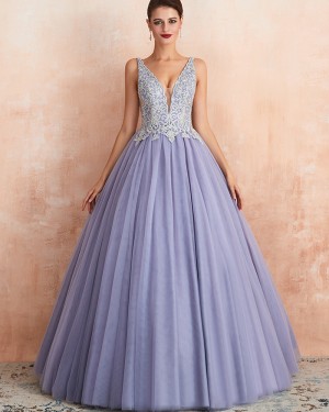 Beading Lace Bodice V-neck Lavender Pleated Evening Gown QD063