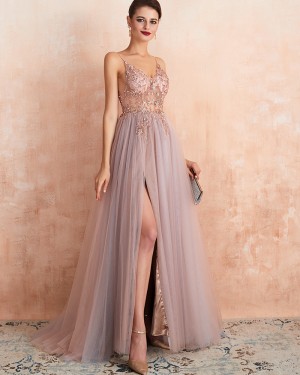 Beading Bodice Tulle Spaghetti Straps Evening Dress with Side Slit QD064