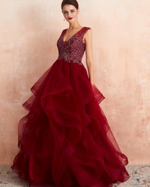 V-neck Beading Bodice Ruffled Princess Evening Dress QD065