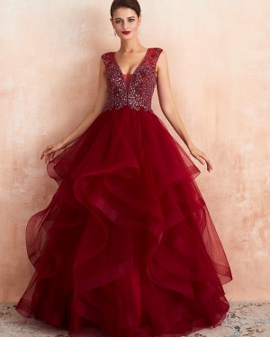 V-neck Beading Bodice Ruffled Princess Evening Dress QD065