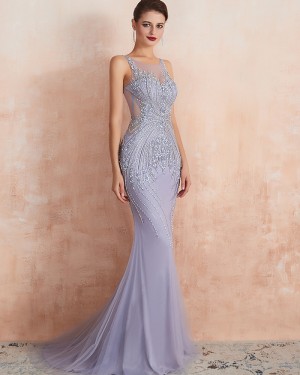 Jewel Neck Beading Mermaid Tulle Light Purple Evening Dress QD066