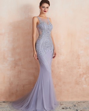 Jewel Neck Beading Mermaid Tulle Light Purple Evening Dress QD066