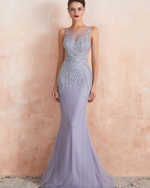 Jewel Neck Beading Mermaid Tulle Light Purple Evening Dress QD066