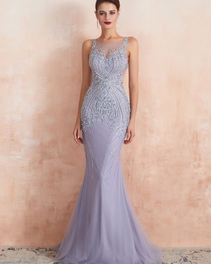 Jewel Neck Beading Mermaid Tulle Light Purple Evening Dress QD066