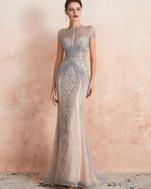 High Neck Beading Champagne Mermaid Evening Dress with Short Sleeves QD068