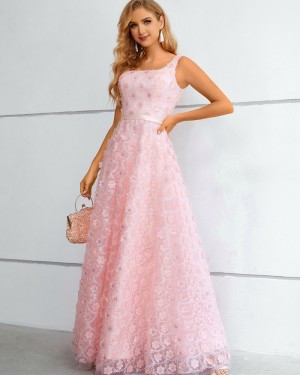 Scoop Neckline Pink Handmade Flowers A-line Formal Dress QD331105