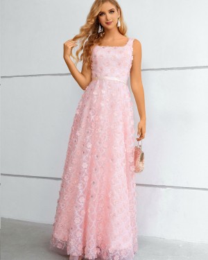 Scoop Neckline Pink Handmade Flowers A-line Formal Dress QD331105
