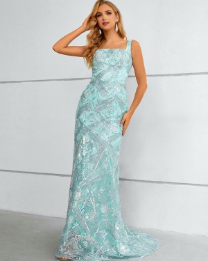 Square Neckline Cyan Sequin Lace Formal Dress with Detachable Skirt QD351072
