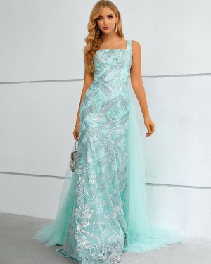 Square Neckline Cyan Sequin Lace Formal Dress with Detachable Skirt QD351072