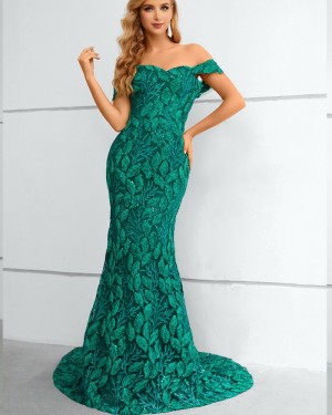 Off the Shoulder Green Lace Mermaid Formal Dress QD351086