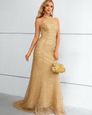 High Neck Champagne Lace Mermaid Formal Dress QD351089