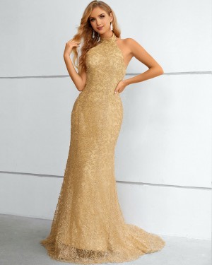 High Neck Champagne Lace Mermaid Formal Dress QD351089