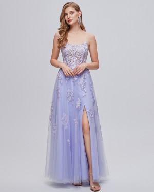 Lace Applique Spaghetti Straps Light Blue Long Formal Dress with Side Slit QD361031