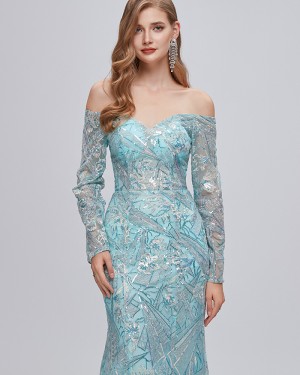 Floral Lace Off the Shoulder Mermaid Long Formal Dress with Long Sleeves QD381071