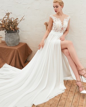 Lace Appliqued Bodice Jewel Pleated Wedding Dress with Side Slit QDWD001