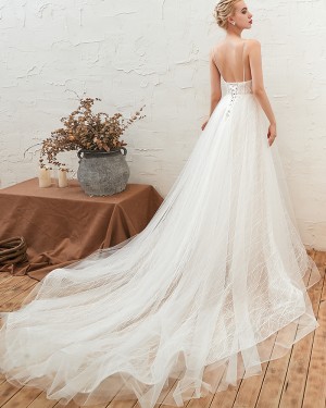 A-line V-neck Lace Tulle White Wedding Dress with Lace Up QDWD002