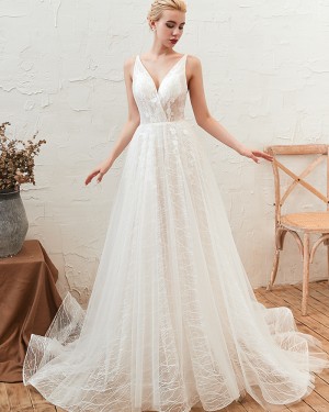 A-line V-neck Lace Tulle White Wedding Dress with Lace Up QDWD002